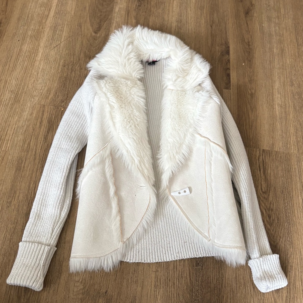 Off White Sweater Jacket With Shearling Collar - image 1